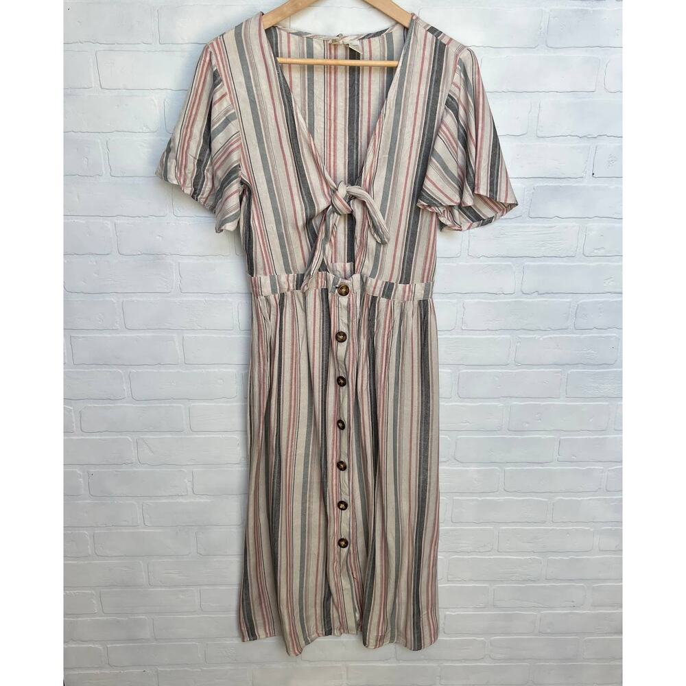 Mimi Chica Beige Multi Colored Striped Tie Front Button Down midi Dress-sz L